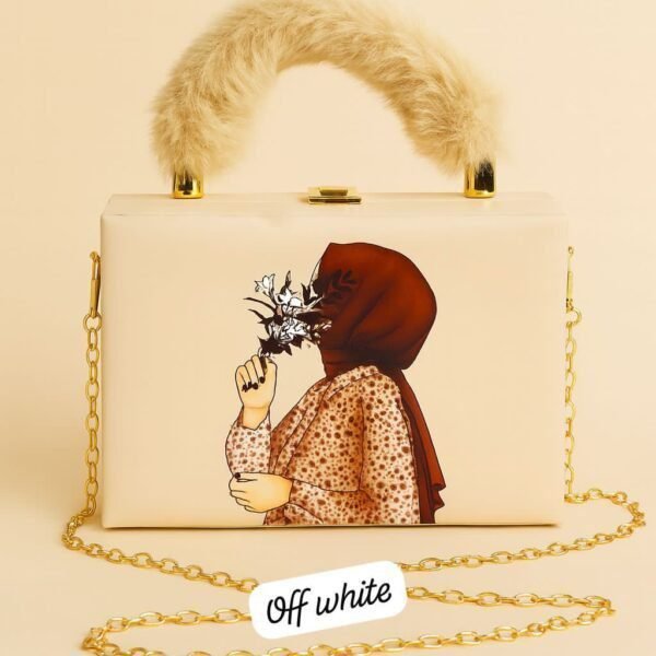 Elegant Handcrafted Box Clutch for Women with Faux Fur Handle and Gold Chain Strap