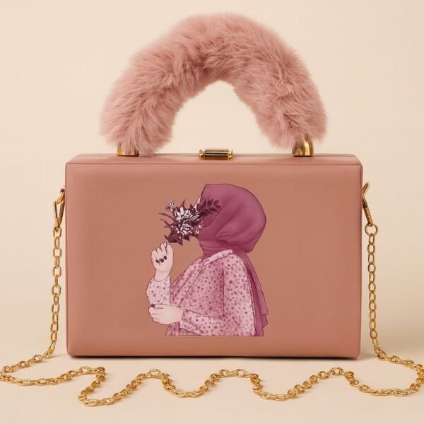 Elegant Handcrafted Box Clutch for Women with Faux Fur Handle and Gold Chain Strap