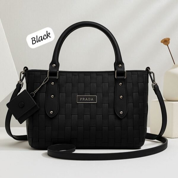 Woven Texture Structured Tote With Mini Pouch And Studded Accents