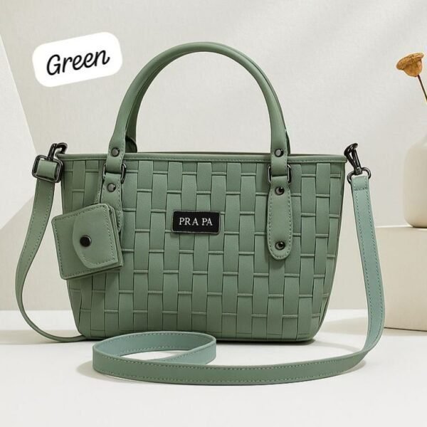 Woven Texture Structured Tote With Mini Pouch And Studded Accents