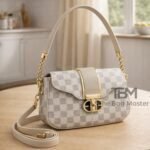Checkered Motif Flap Bag With Arched Chain Handle And Turn Lock Clasp - Image 2