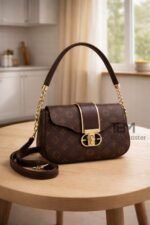 Checkered Motif Flap Bag With Arched Chain Handle And Turn Lock Clasp - Image 3