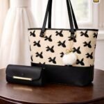 Bow Print Tote Bag Set With Plush Pom Pom Charm And Matching Clutch