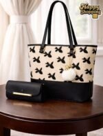 Bow Print Tote Bag Set With Plush Pom Pom Charm And Matching Clutch