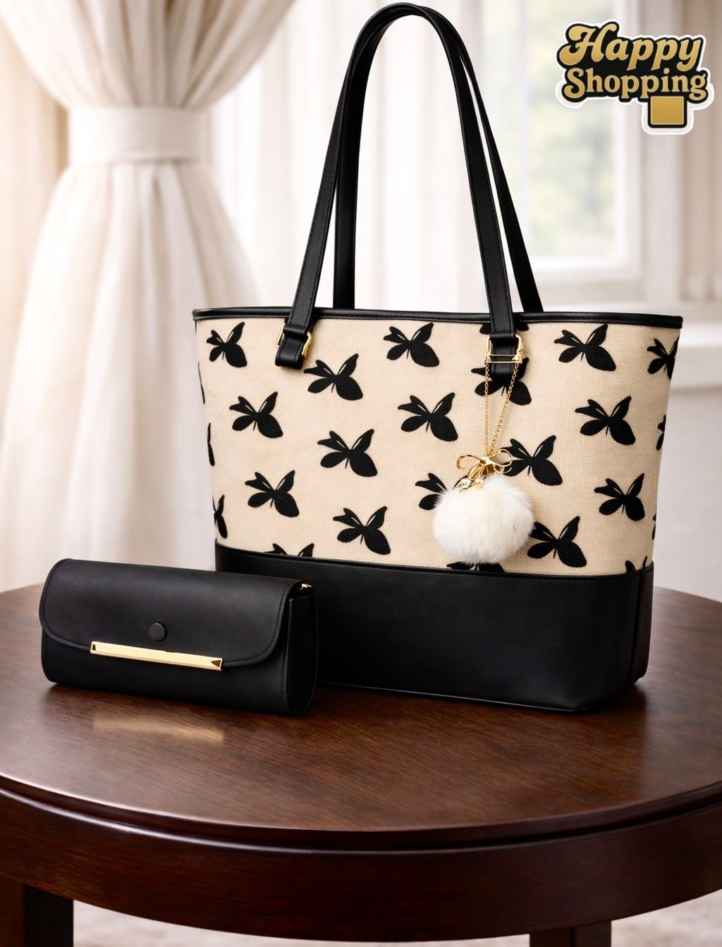 WhatsApp-Image-2026-02-13-at-8.16.53-PM.jpeg Bow Print Tote Bag Set With Plush Pom Pom Charm And Matching Clutch - Image 1