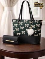 Bow Print Tote Bag Set With Plush Pom Pom Charm And Matching Clutch - Image 5