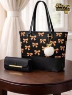 Bow Print Tote Bag Set With Plush Pom Pom Charm And Matching Clutch - Image 4