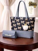 Bow Print Tote Bag Set With Plush Pom Pom Charm And Matching Clutch - Image 3