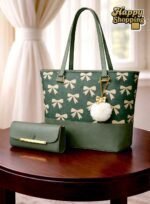 Bow Print Tote Bag Set With Plush Pom Pom Charm And Matching Clutch - Image 2